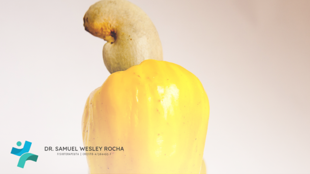 Foto de um caju. O caju é uma fruta rica em nutrientes, como vitaminas A, C e do complexo B, além de minerais como ferro, magnésio, fósforo, zinco e potássio.